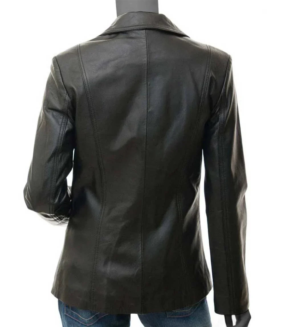 Surrey Women's Black Leather Blazer Jacket - Image 2