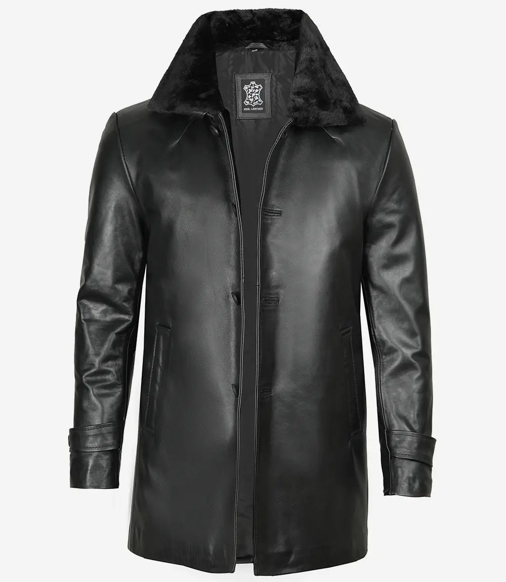 Men's 3/4 Black Real Leather Coat With Fur Collar - Image 4