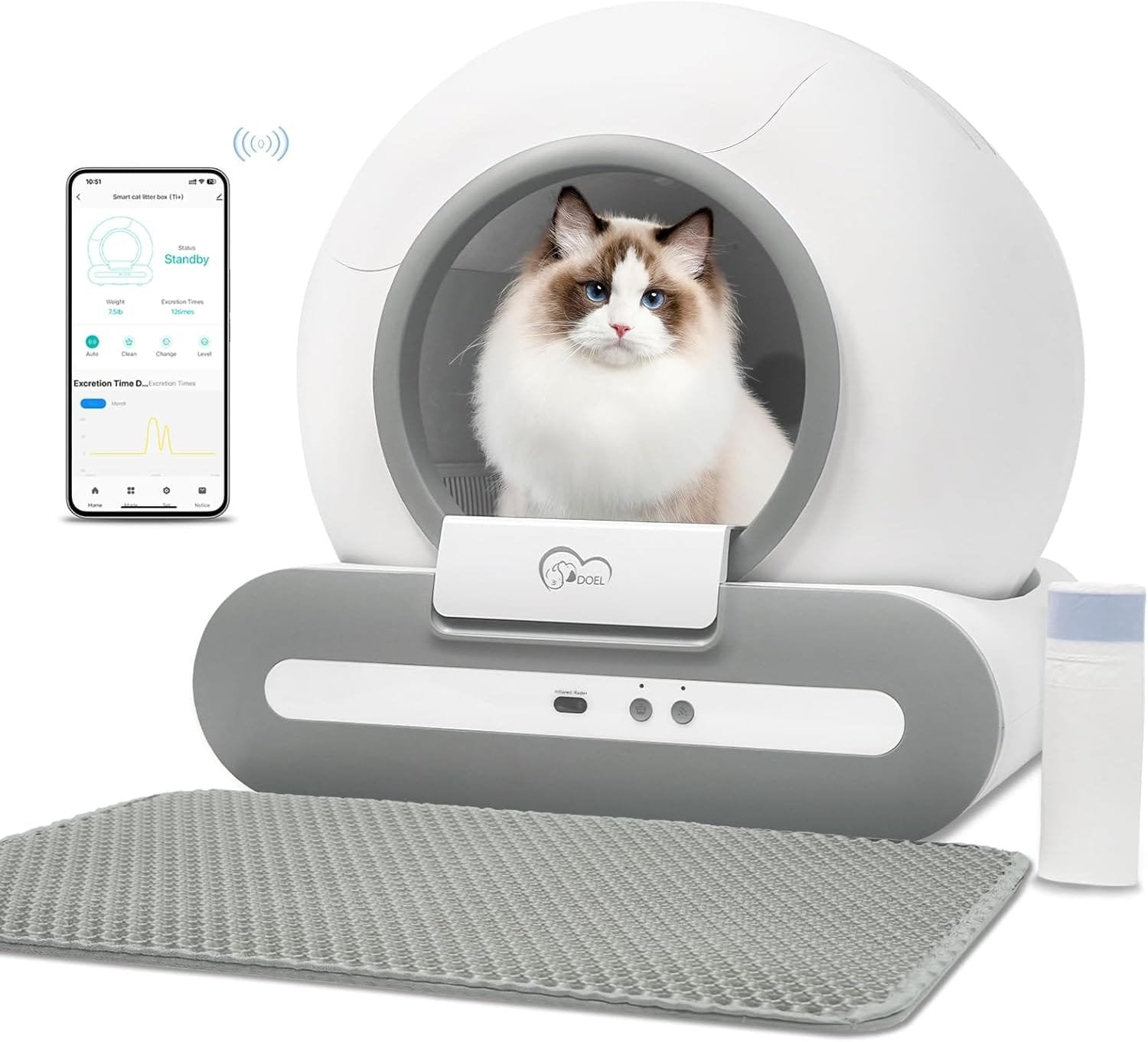 DOEL 2025 Upgrade Self Cleaning Cat Litter Tray Automatic Box 65L Large Capacity, Triple Security, APP Monitor Smart Cat Litter Box for Multiple Cats with Mat & Liners