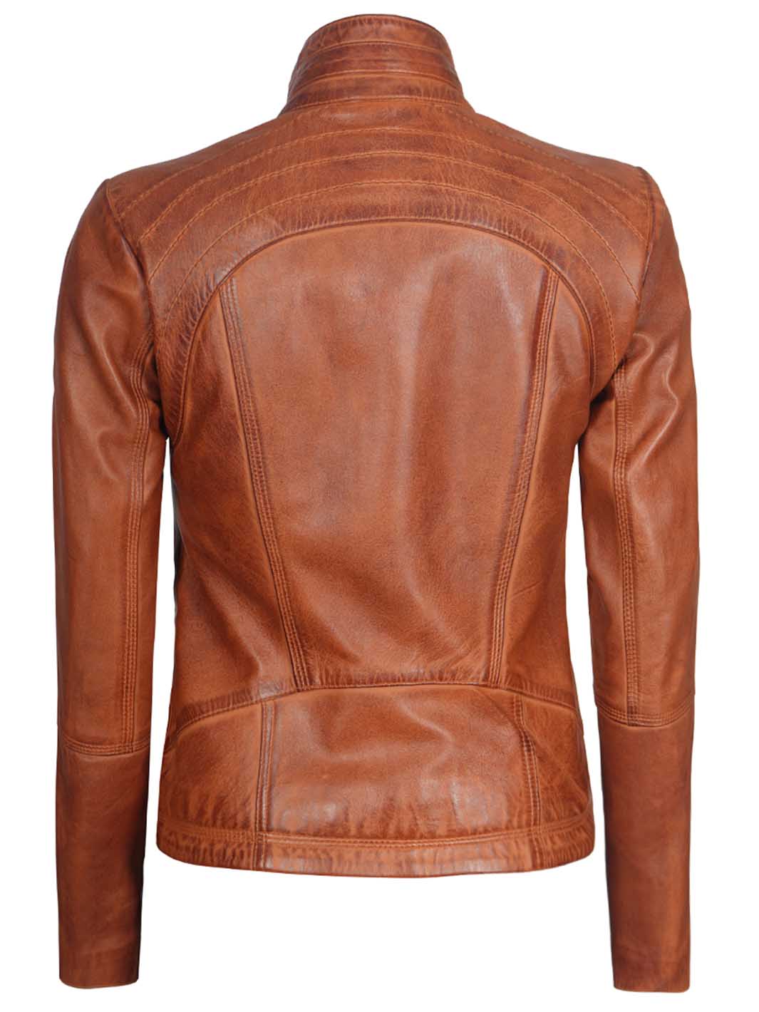 Acerra Womens Cognac Cafe Racer Biker Leather Jacket - Image 2