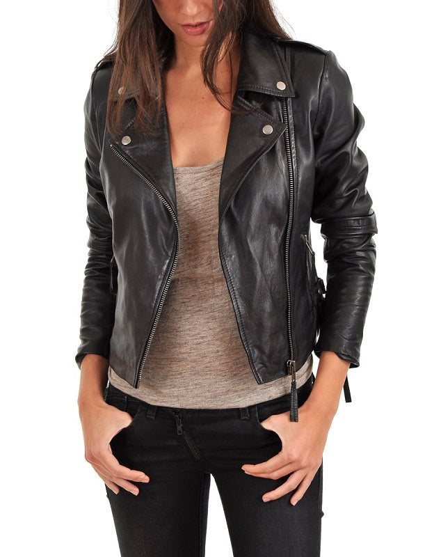Aura Black Leather Biker Jacket - Image 2