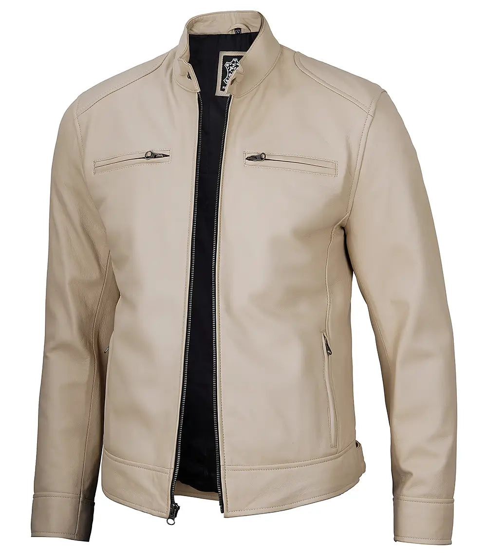 Dodge Beige Cafe Racer Leather Biker Jacket