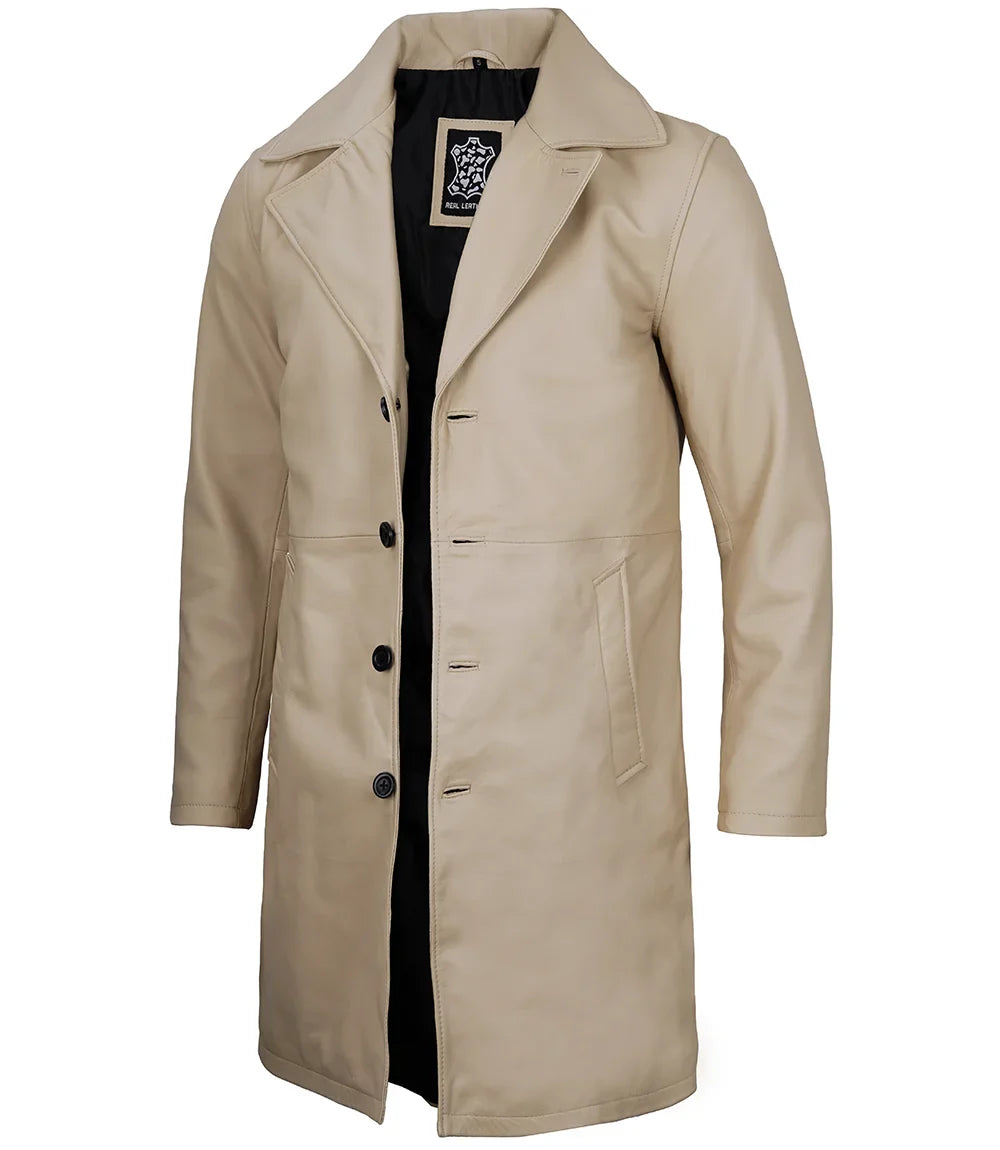 Bryson Beige Real Leather 3/4 Length Car Coat