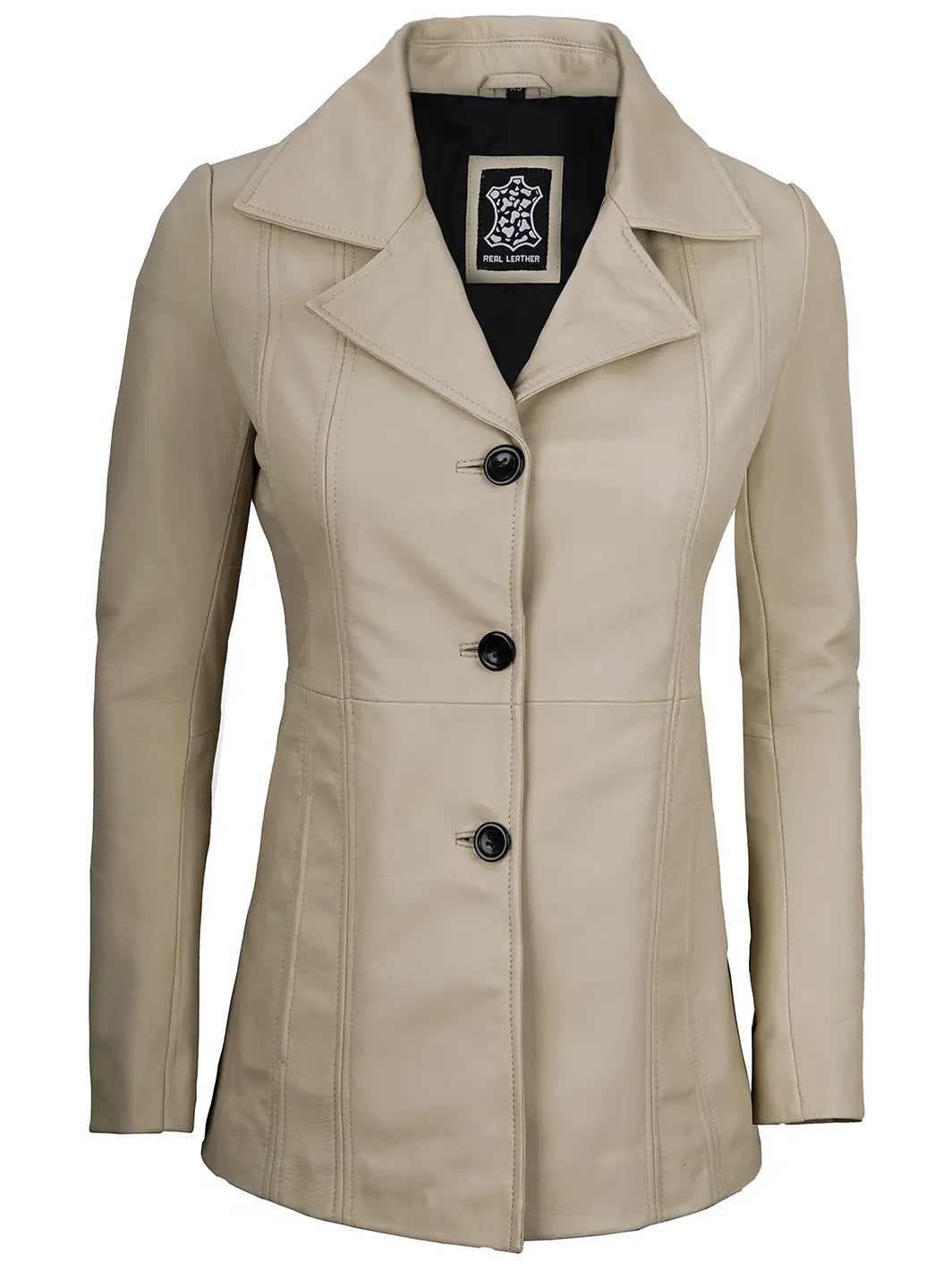Women Beige Leather Blazer - Image 3