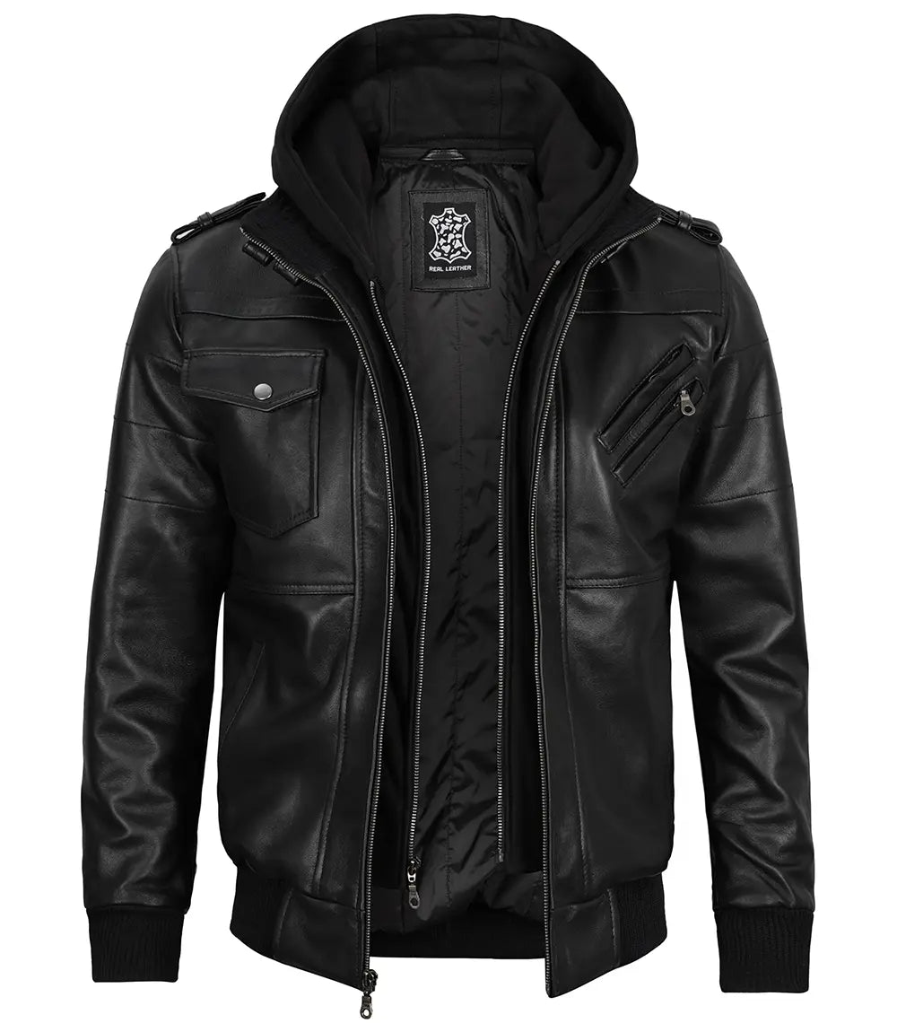 Edinburgh Mens Black Bomber Leather Jacket With Removable Hood - Image 5