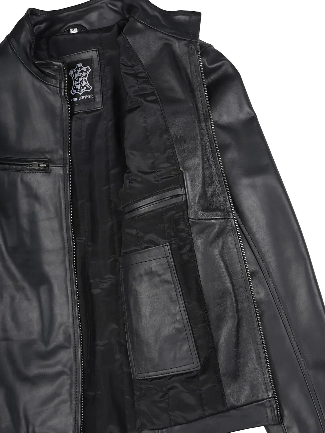 Men Black Cafe Racer Real Leather Jacket - Image 8