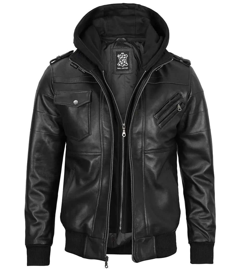 Tall Men's Black Leather Jacket with Removable Hood - Image 7