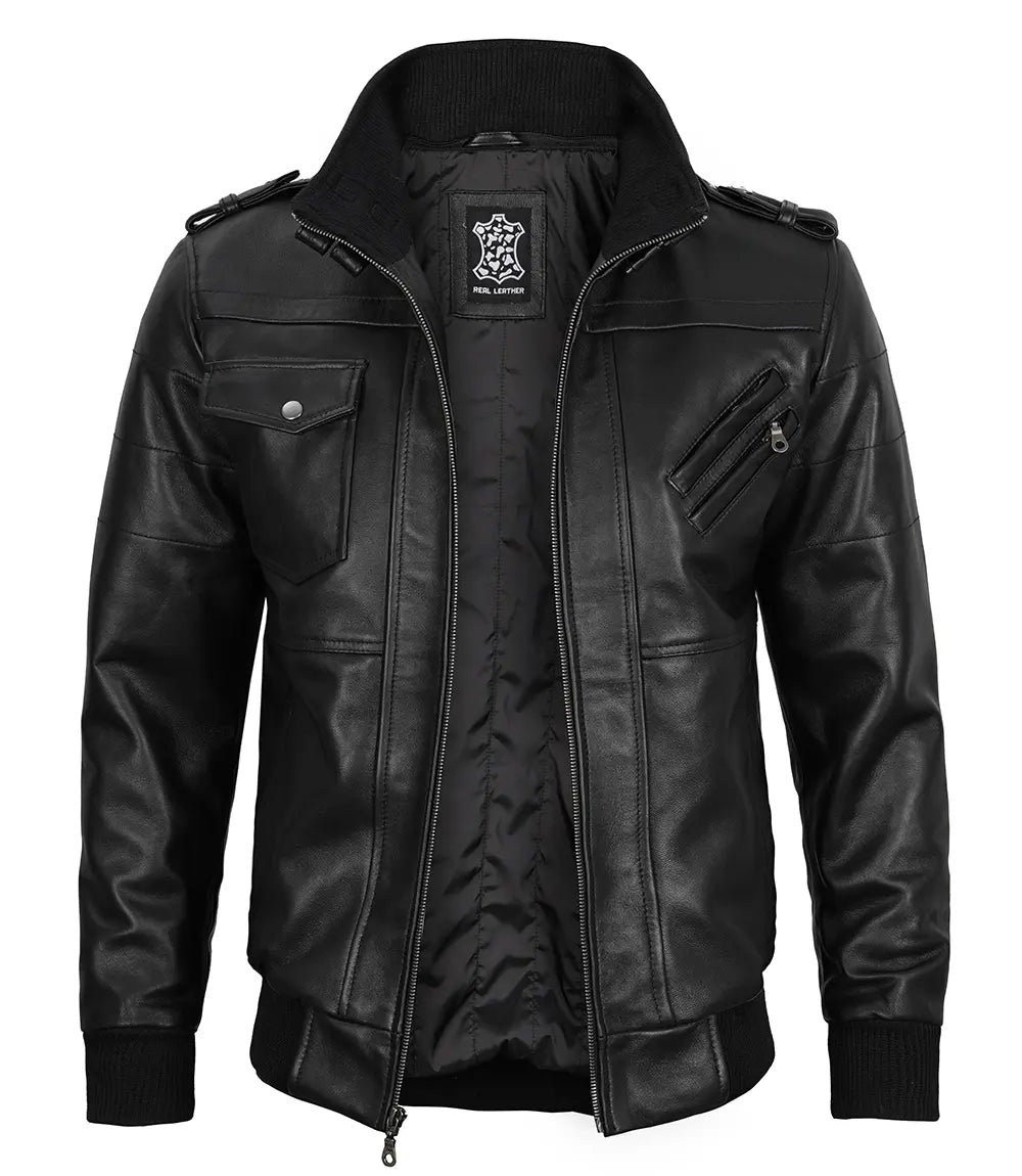 Edinburgh Mens Black Bomber Leather Jacket With Removable Hood - Image 13