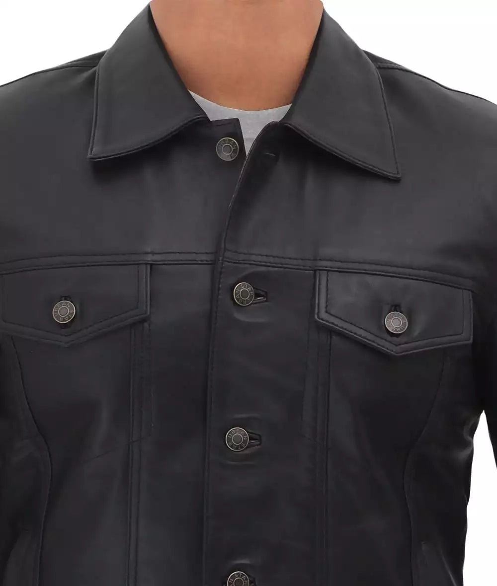 Fernando Mens Black Leather Trucker Jacket - Image 5