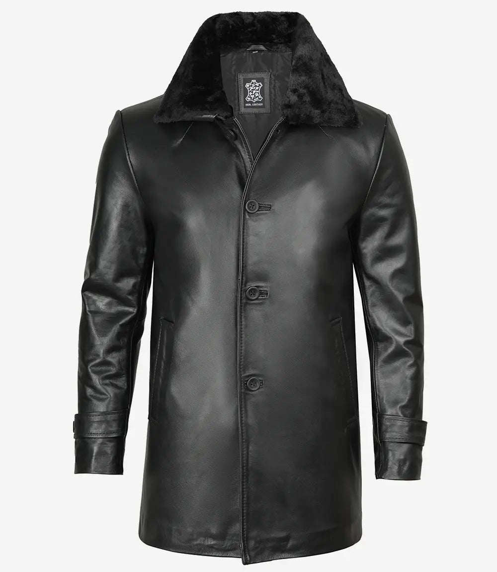 Men's 3/4 Black Real Leather Coat With Fur Collar - Image 6
