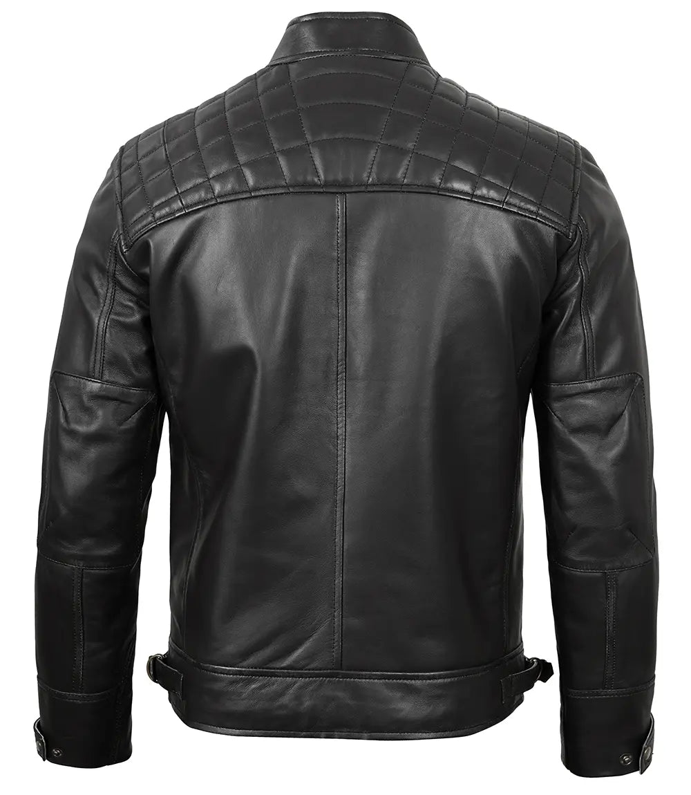 Johnson Mens Black Quilted Cafe Racer Leather Jacket - Image 2