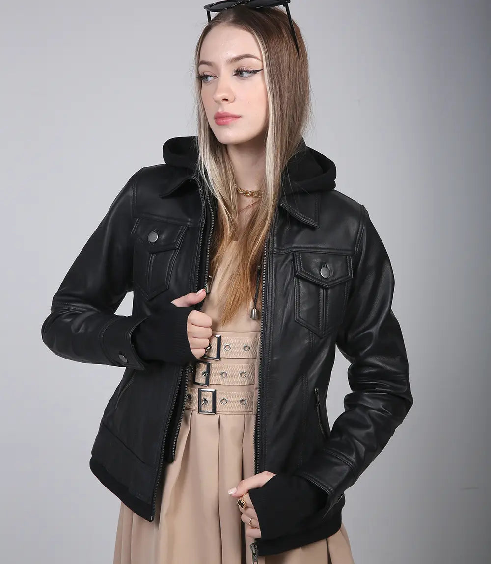 Womens Black Leather Motorcycle Jacket with Hood