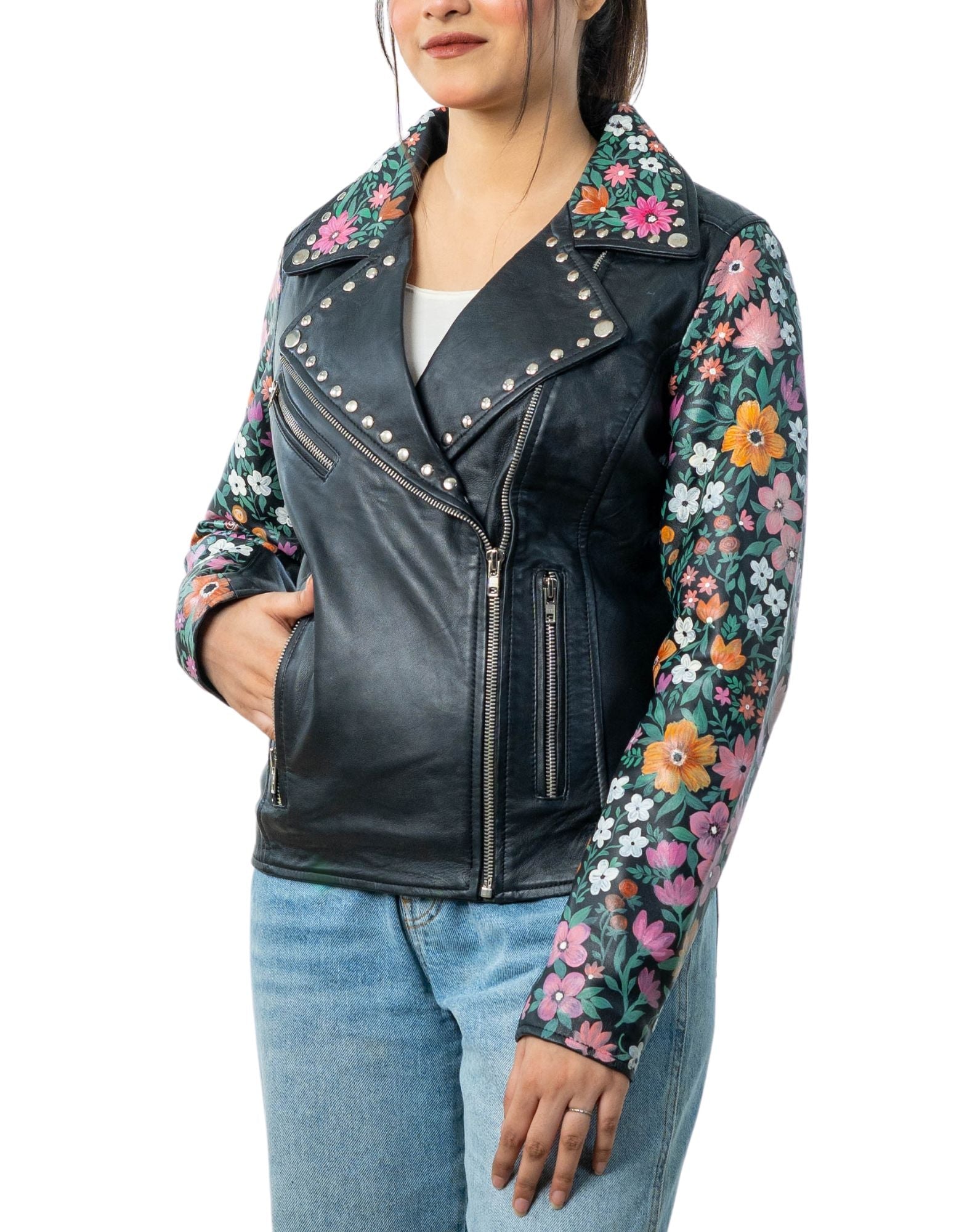 Blossom Hand-Painted Black Leather Biker Jacket