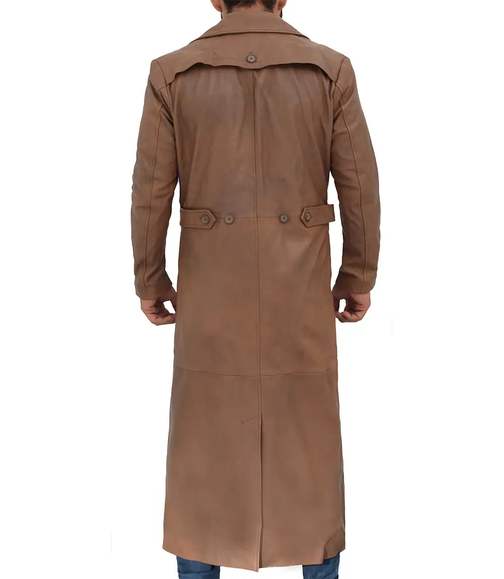 Jackson Men's Distressed Brown Leather Long Trench Coat - Image 2