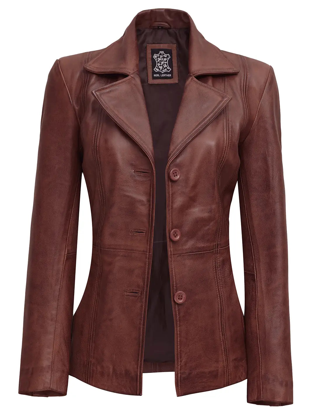 Womens Cognac Brown Leather Blazer - Image 3