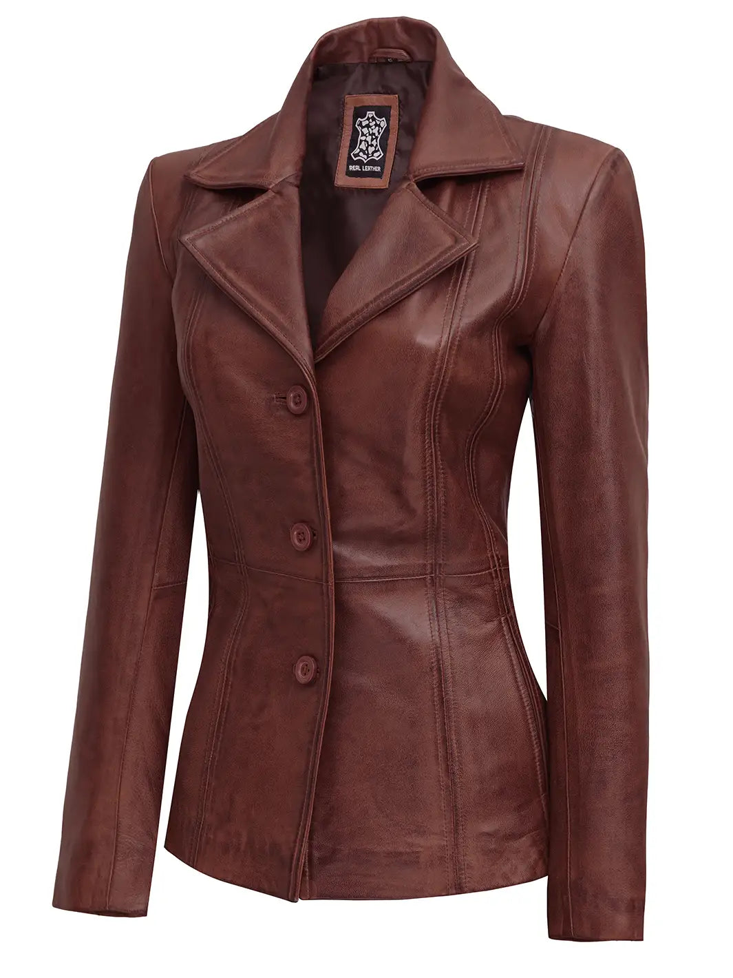 Womens Cognac Brown Leather Blazer
