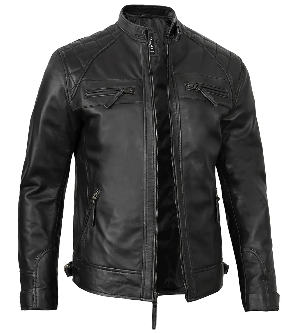 Johnson Mens Black Quilted Cafe Racer Leather Jacket - Image 5