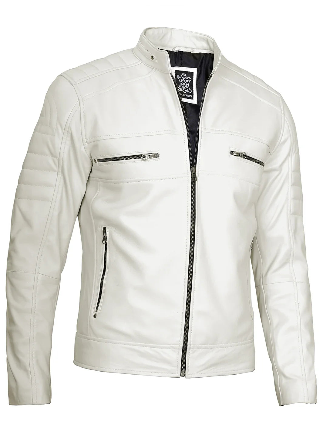 Mens Off White Cafe Racer Leather Jacket - Image 4