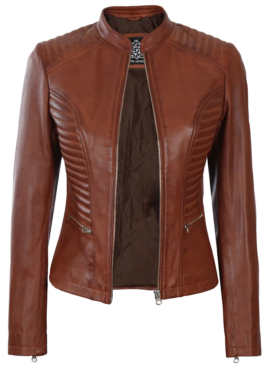 Rachel Women's Cognac Wax Biker Leather Jacket - Image 7