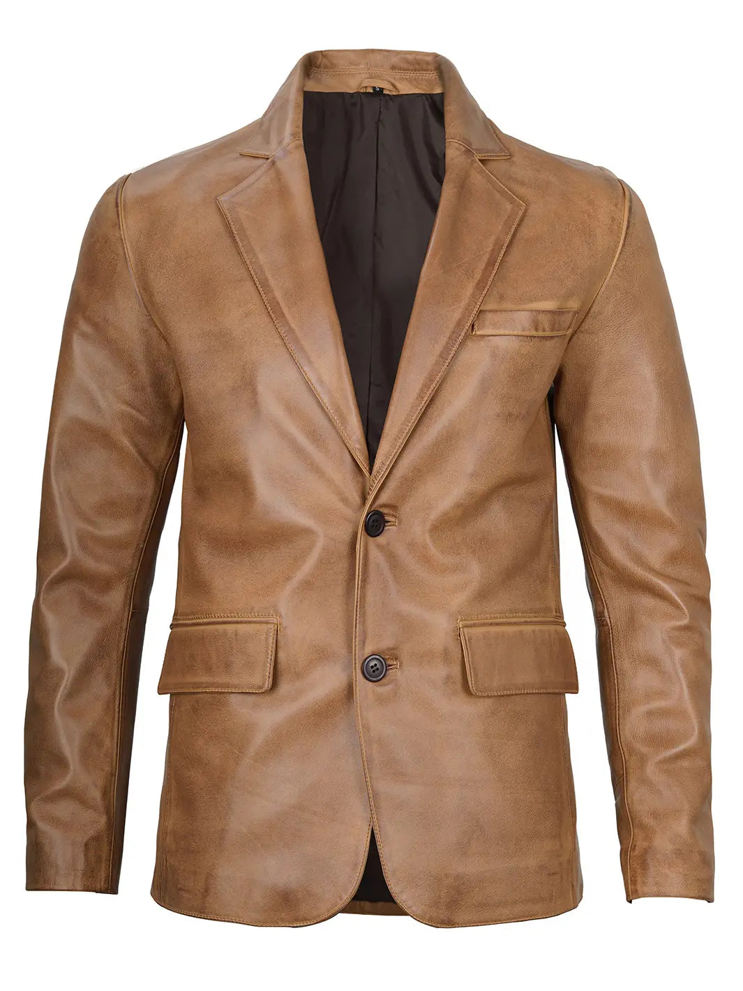 Camel Brown Real Leather Two Button Blazer - Image 3