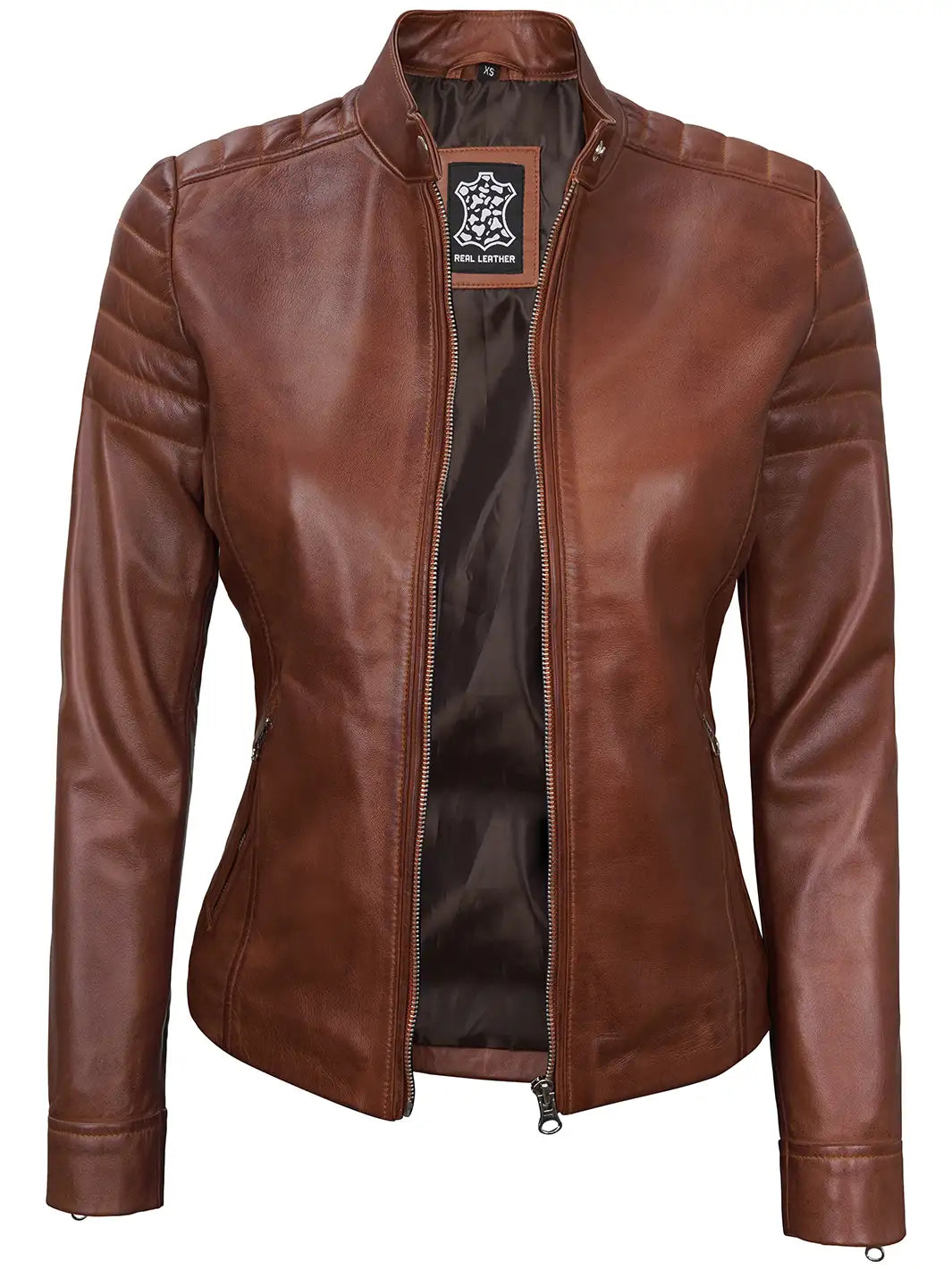 Carrie Women Cognac Brown Cafe Racer Leather Jacket - Image 3