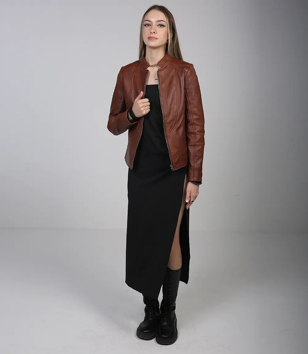 Amy Women Cognac Cafe Racer Leather Jacket - Image 5