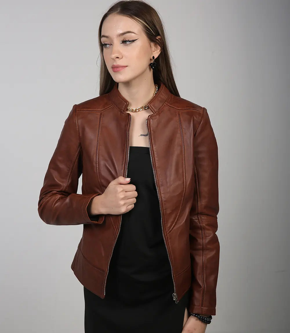 Amy Women Cognac Cafe Racer Leather Jacket