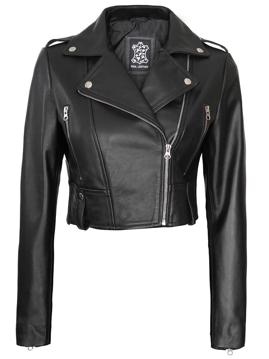 Colleen Women's Black Biker Cropped Leather Jacket - Image 3