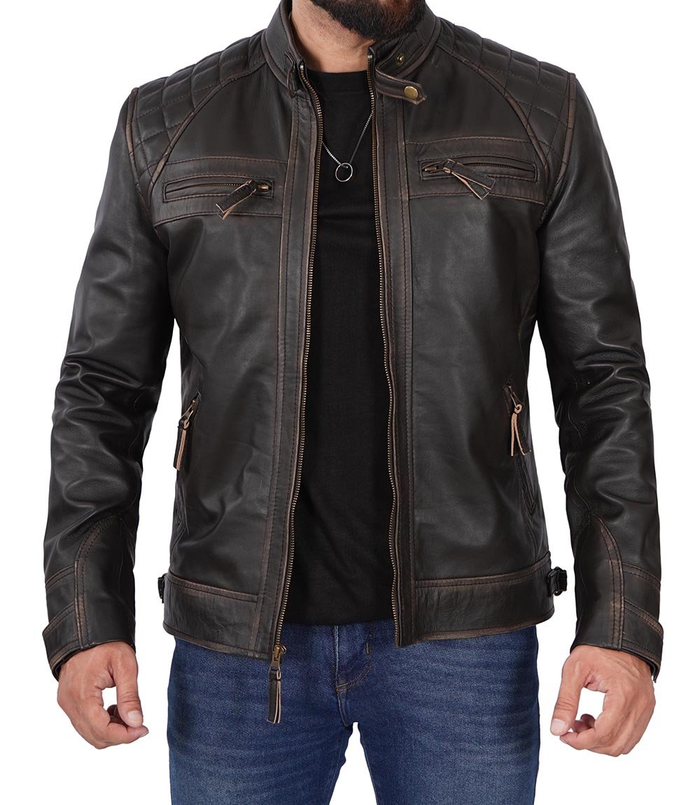 Diamond Mens Distressed Brown Motorcycle Leather Jacket