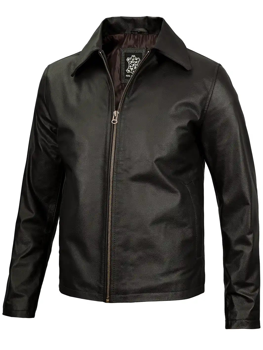 Harrington Mens Black Shirt Collar Cowhide Leather Jacket