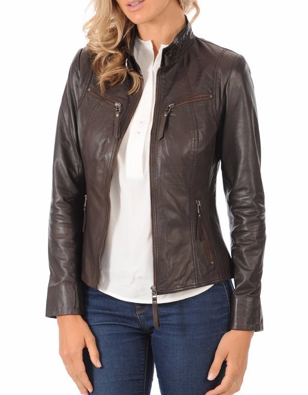 Essence Brown Leather Biker Jacket - Image 2
