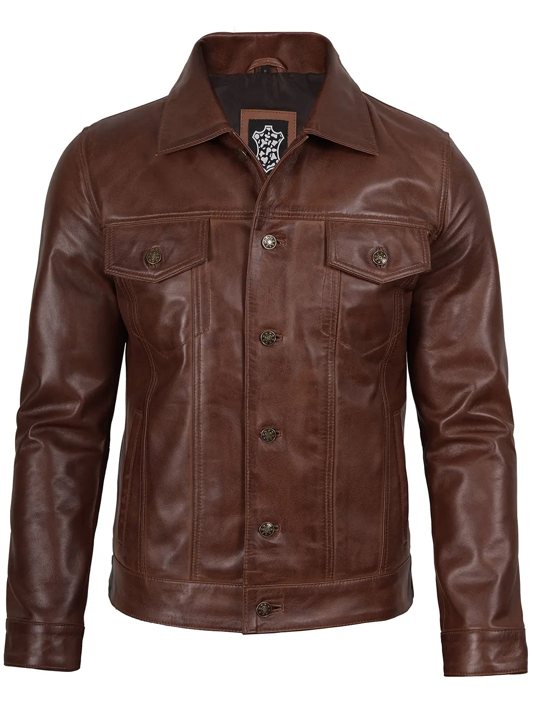 Fernando Men's Cognac Wax Harrington Leather Trucker Jacket - Image 7