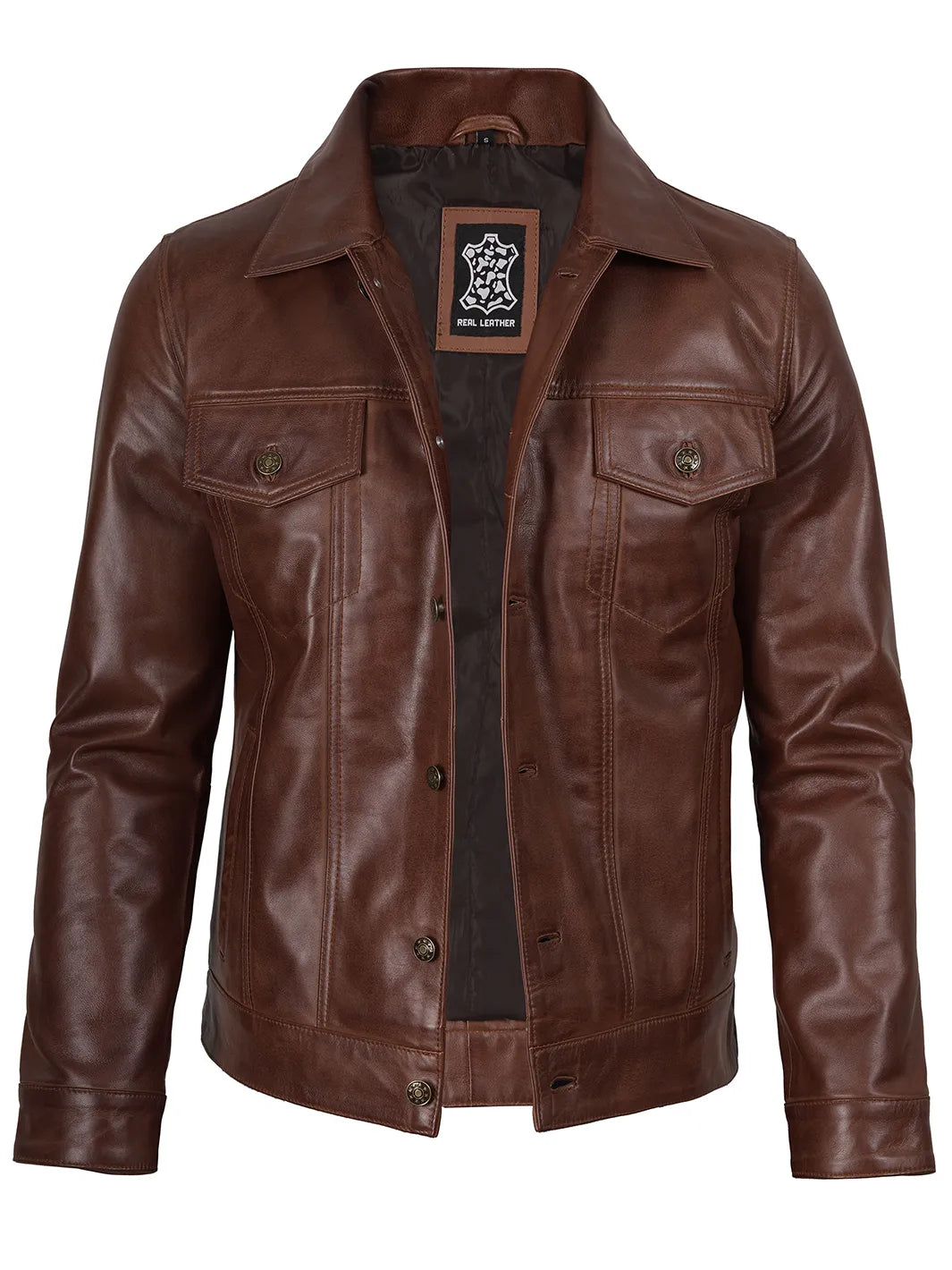 Fernando Men's Cognac Wax Harrington Leather Trucker Jacket - Image 5