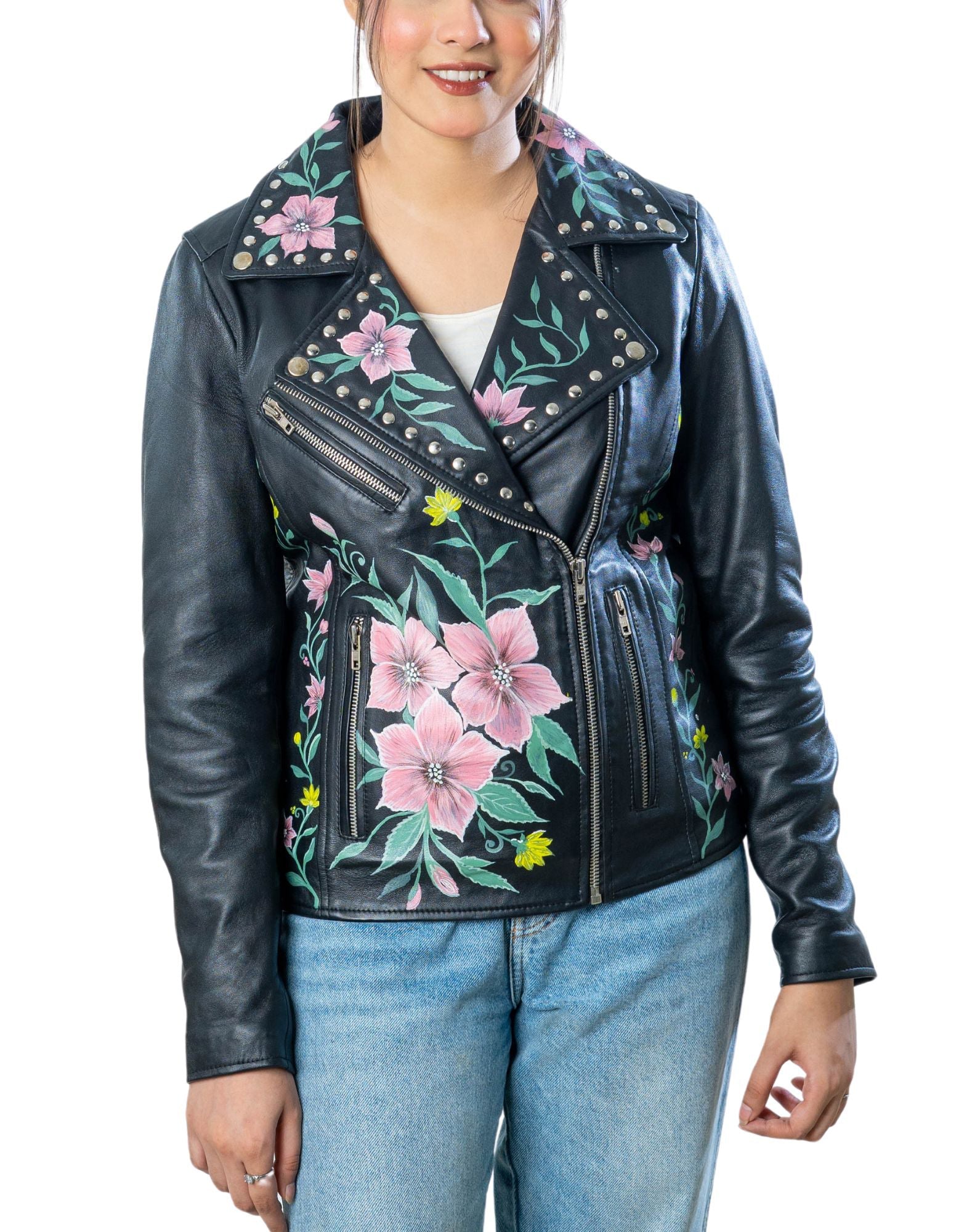 Flourish Hand-Painted Black Leather Biker Jacket