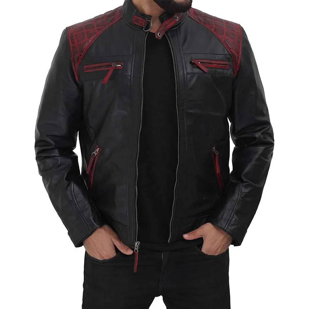 Rollins Black and Maroon Lambskin Leather Moto Biker Jacket Men