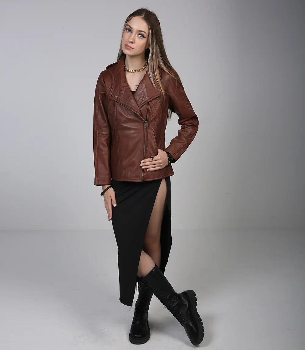 Cidra Women Asymmetrical Brown Hooded Leather Jacket - Image 7