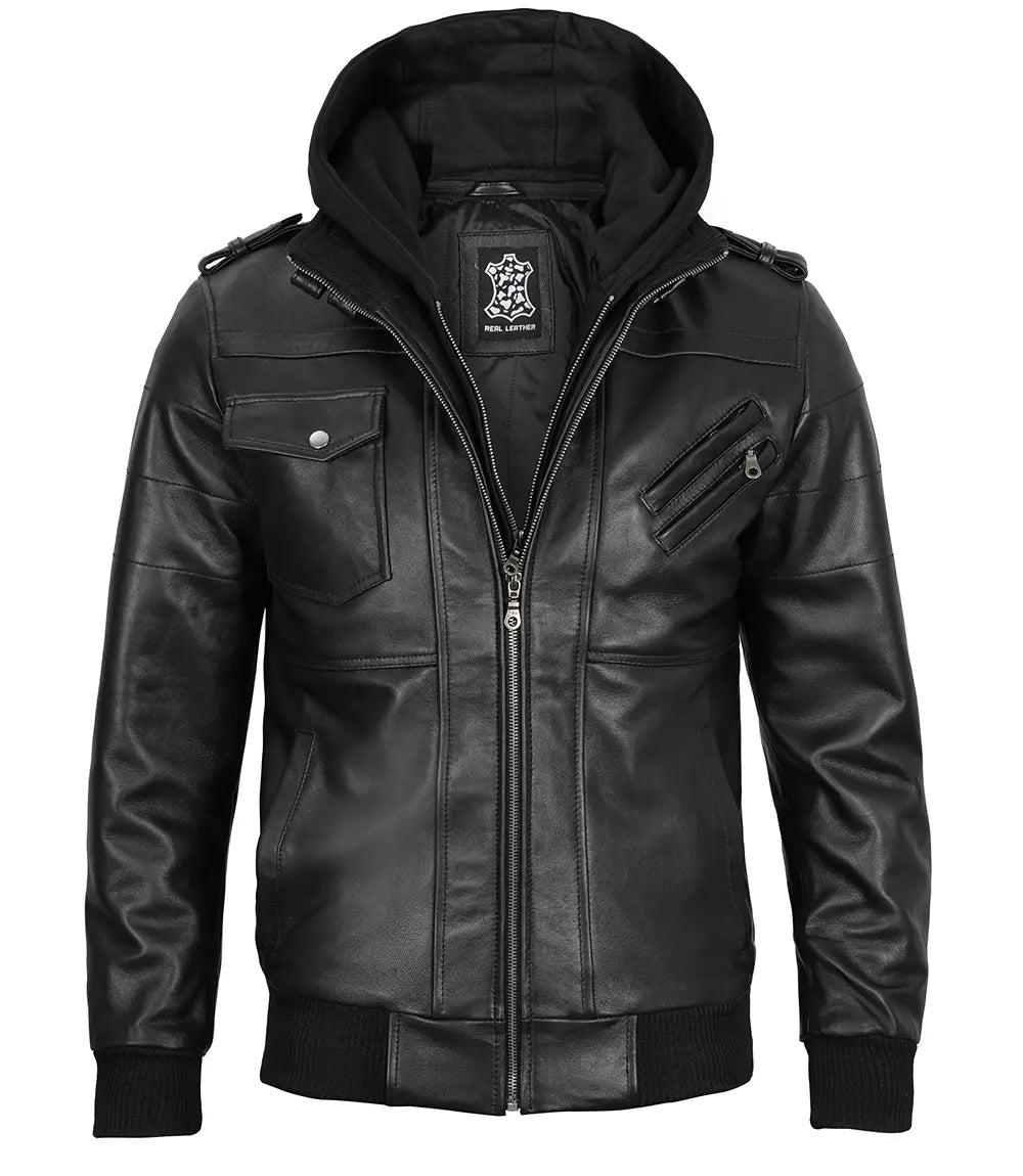 Tall Men's Black Leather Jacket with Removable Hood - Image 4