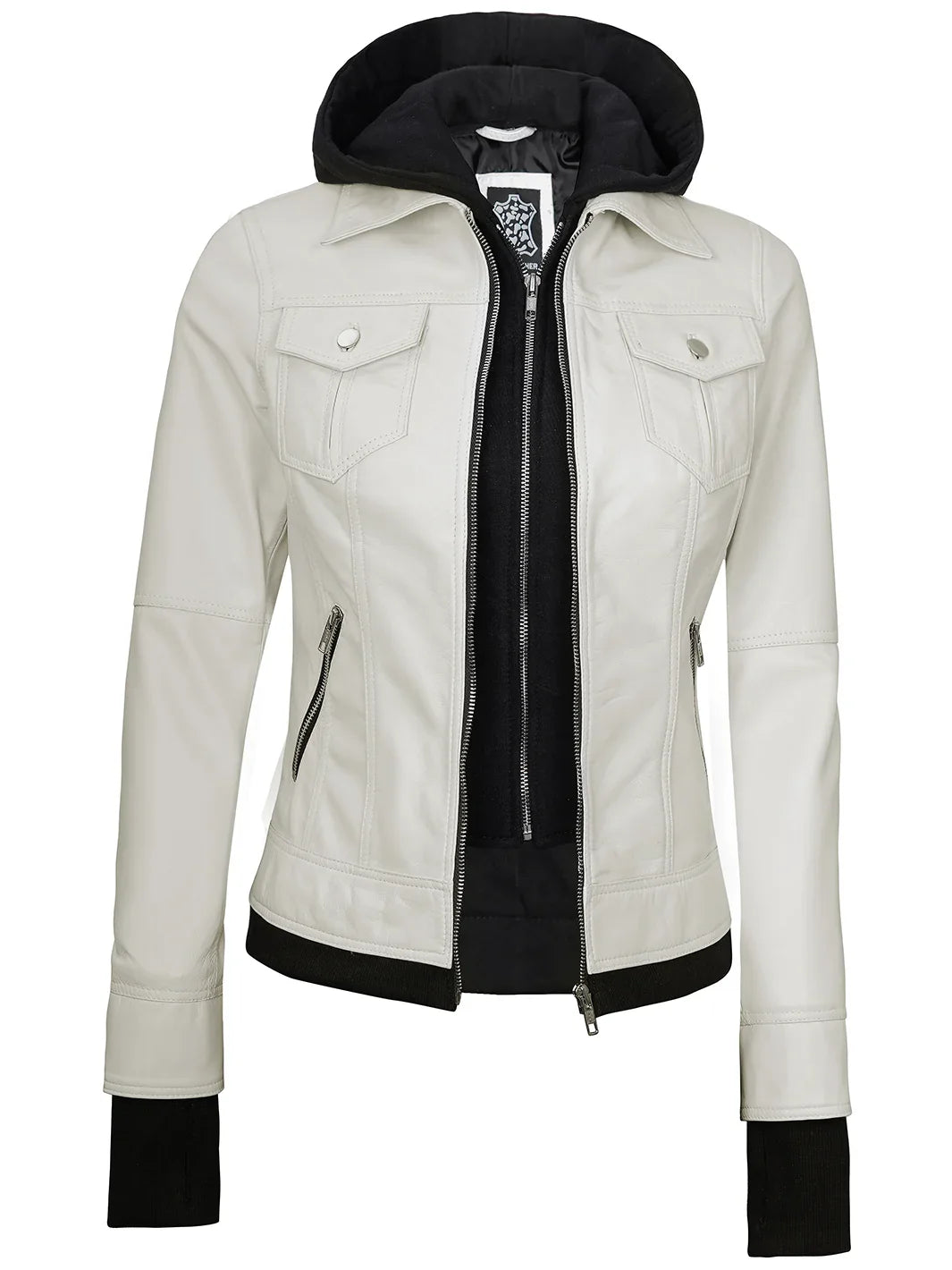 Womens Off White Motorcycle Leather Jacket with Hood - Image 5
