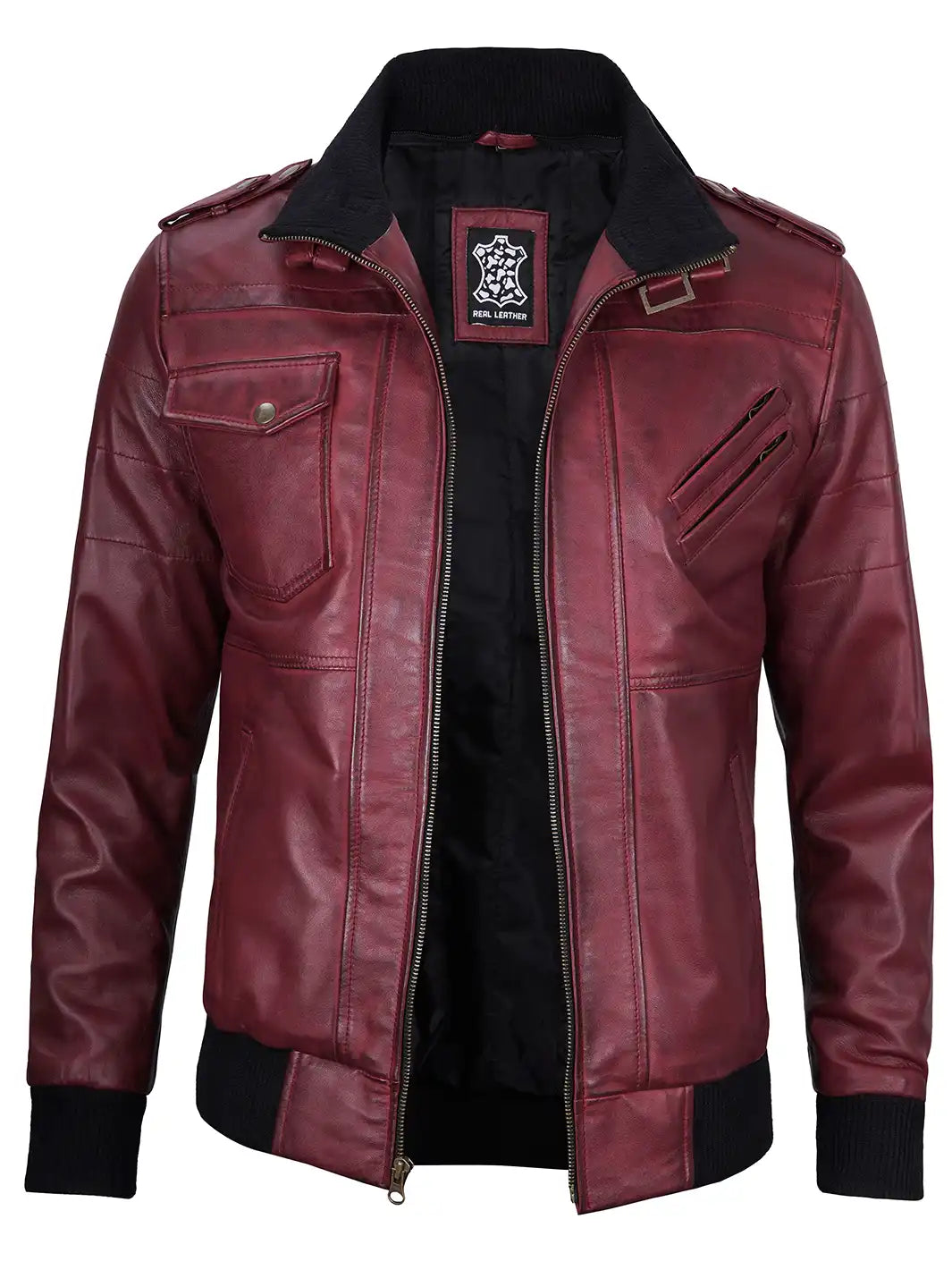 Edinburgh Mens Maroon Bomber Hooded Leather Jacket - Image 4