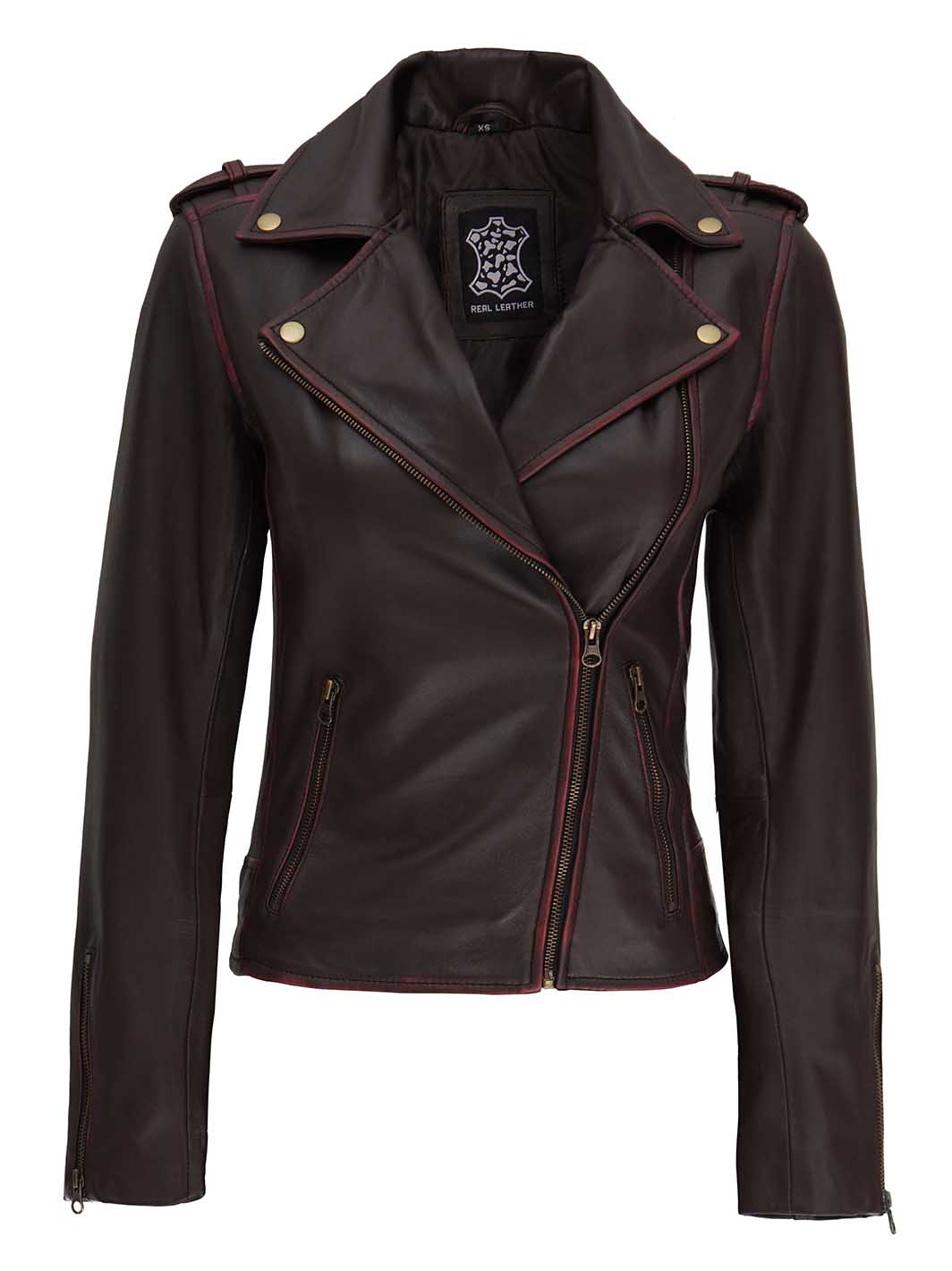 Kirsten Womens Dark Brown Asymmetrical Leather Biker Jacket - Image 5