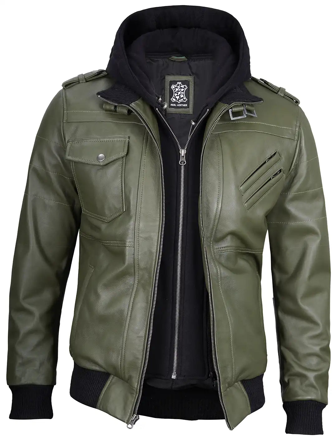 Edinburgh Military Green Mens Hooded Leather Jacket - Image 6