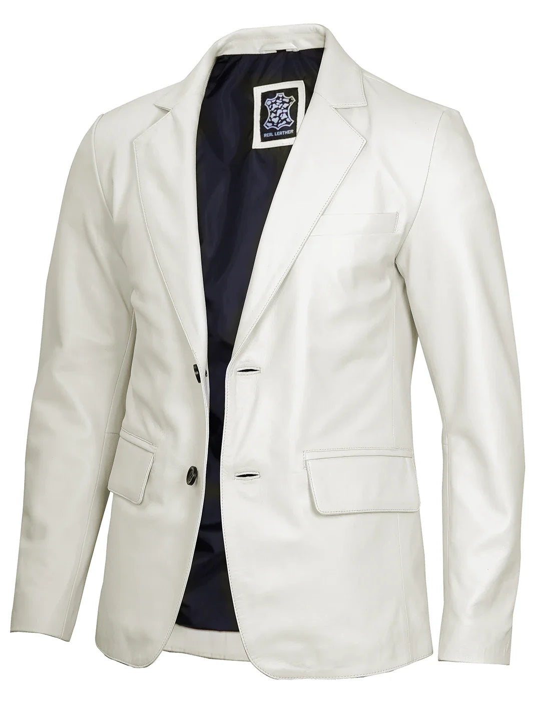 Mens Two Buttons Off White Leather Blazer