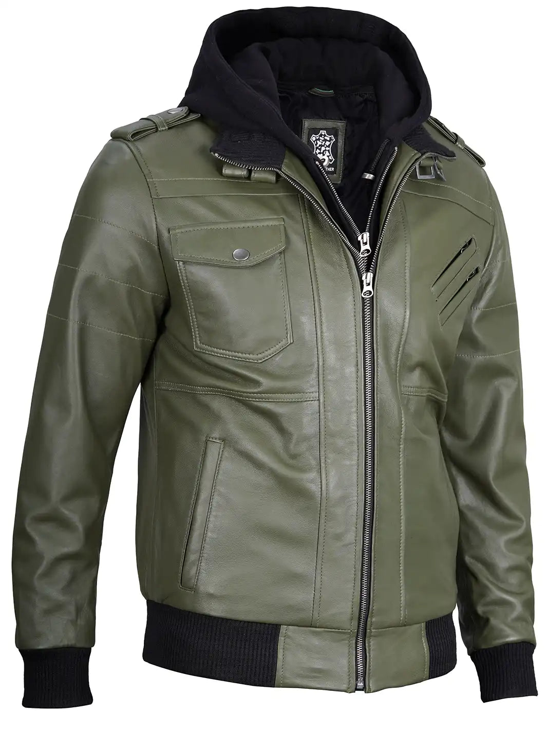 Edinburgh Military Green Mens Hooded Leather Jacket - Image 7