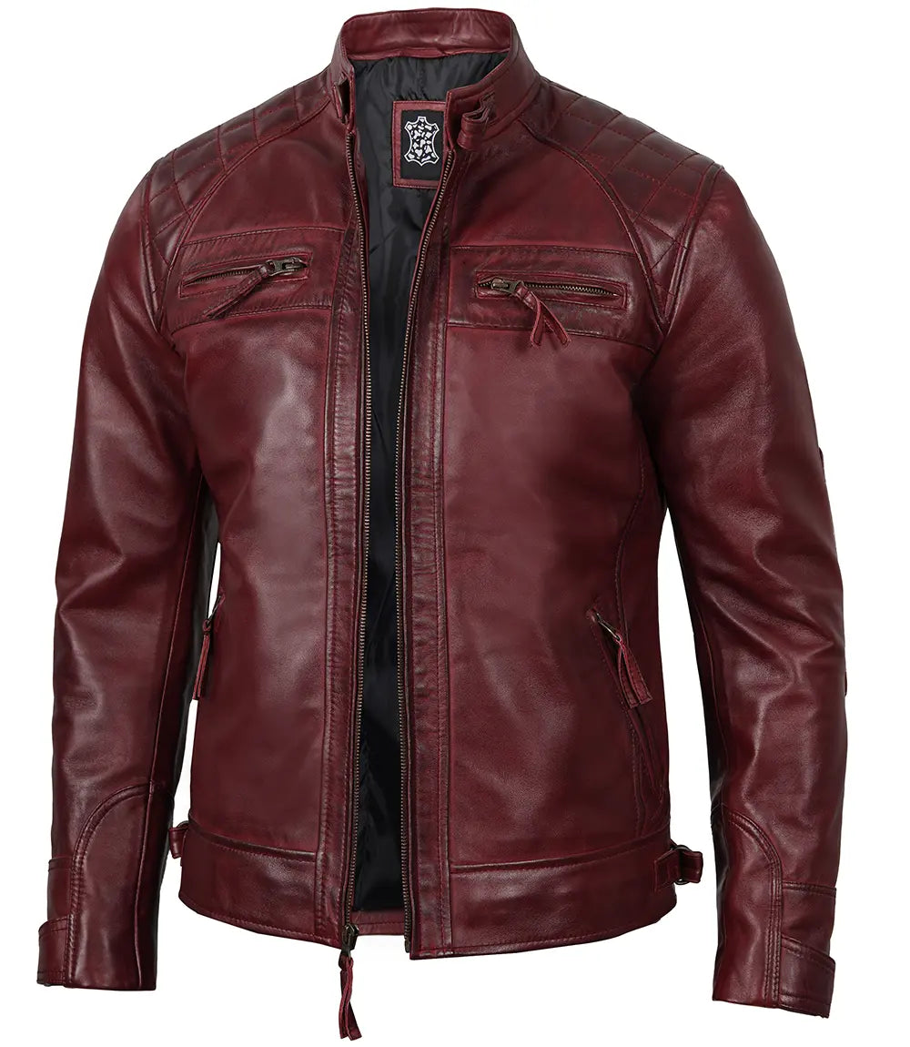 Johnson Maroon Quilted Motorcycle Leather Jacket