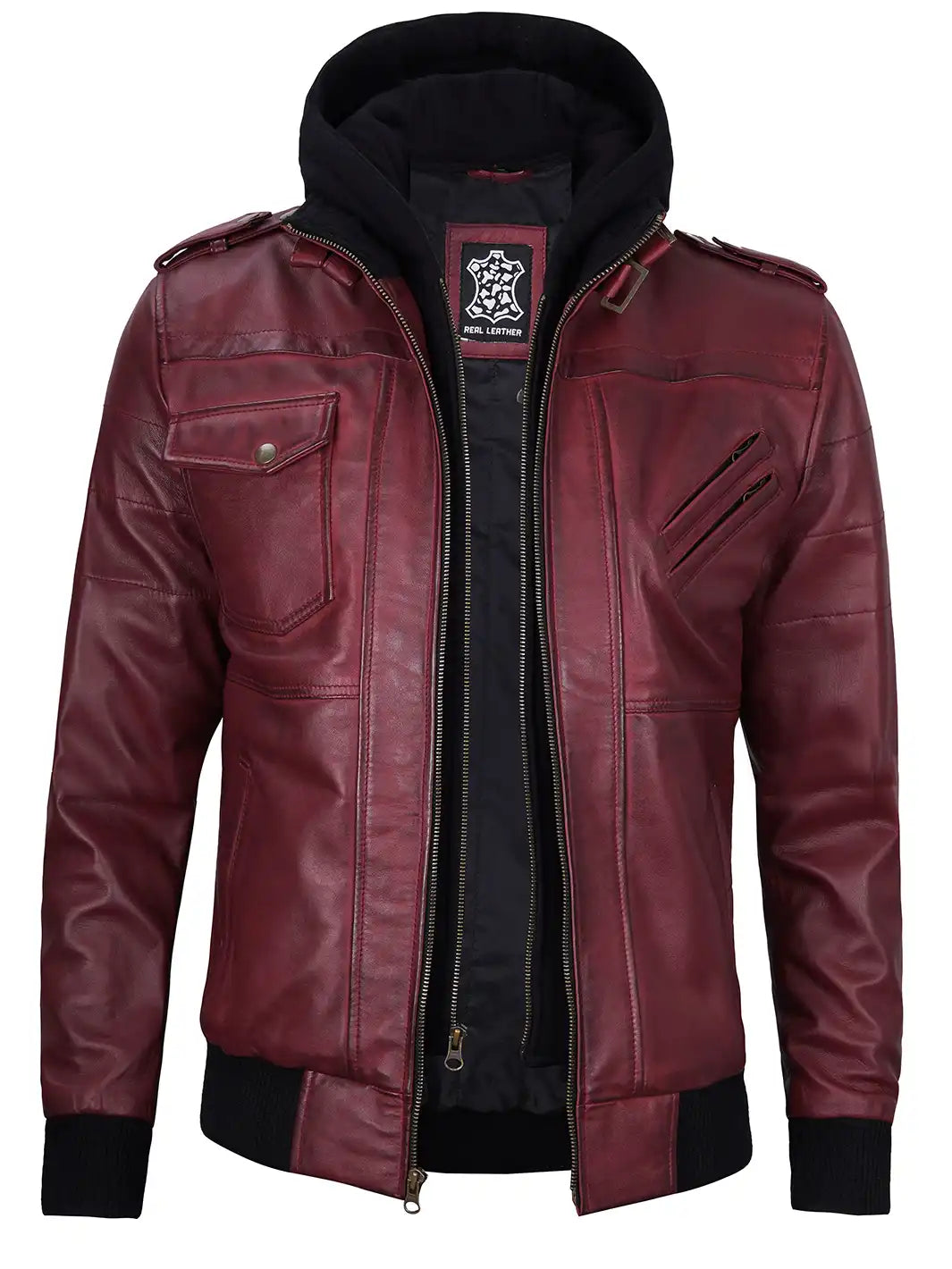 Edinburgh Mens Maroon Bomber Hooded Leather Jacket - Image 9