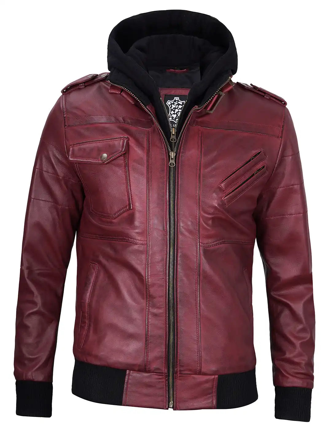 Edinburgh Mens Maroon Bomber Hooded Leather Jacket - Image 13