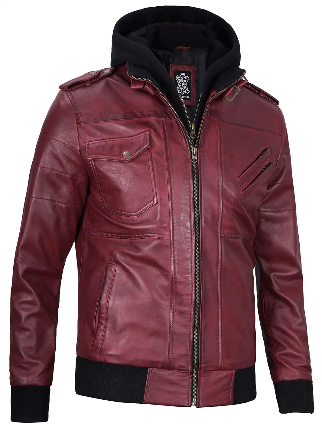 Edinburgh Mens Maroon Bomber Hooded Leather Jacket - Image 11