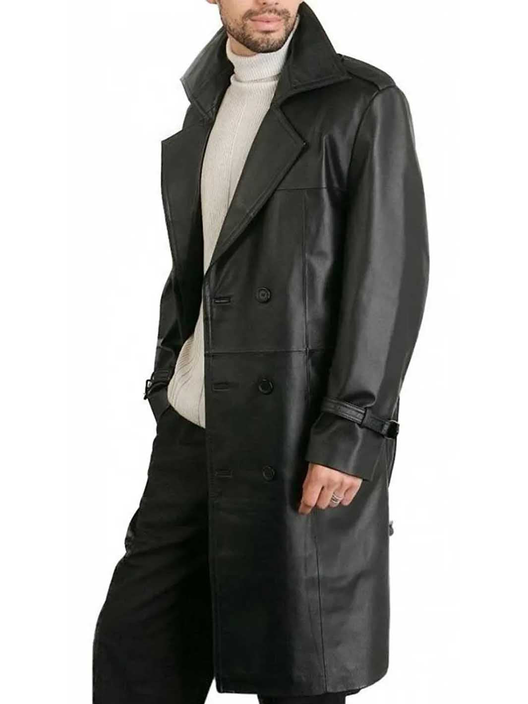 Mens Belted Double Breasted Black Leather Trench Coat - Image 3