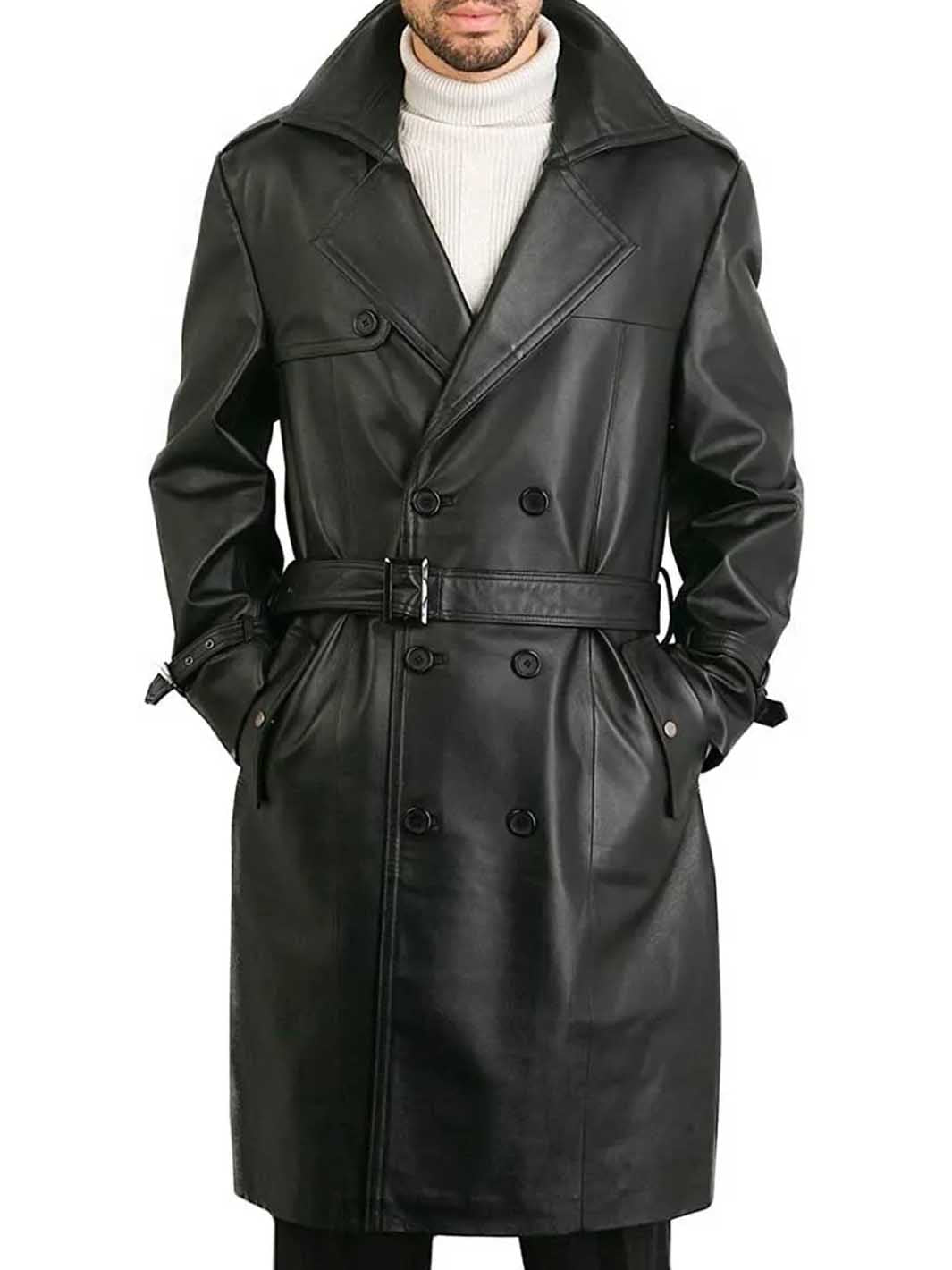 Mens Belted Double Breasted Black Leather Trench Coat - Image 2