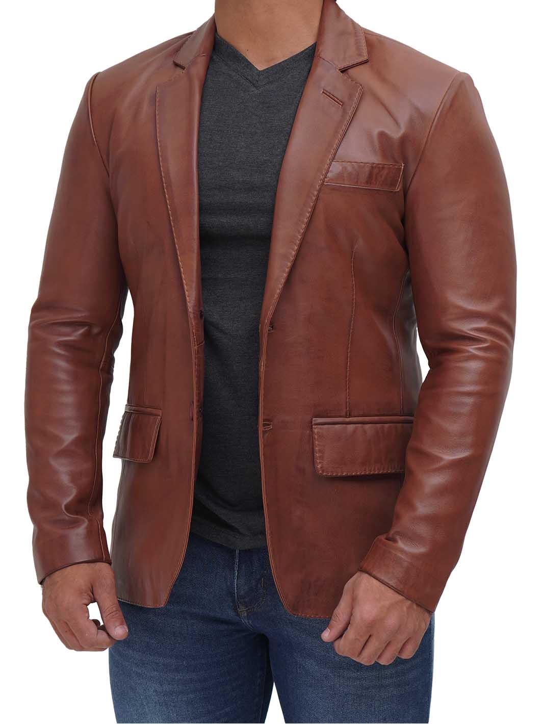 Brandon Men's Tan Real Leather Blazer - Image 5
